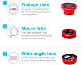 3 in 1 Cell Phone Camera Lens Kit Wide Angle Macro Fisheye Lens Universal for Smart Phones iPhone Samsung Android(Red