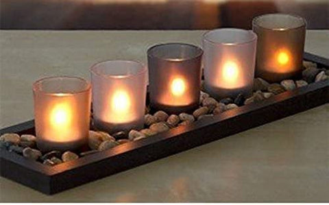 5 Piece Votive Tealight Candle Set With Rocks & wooden Tray